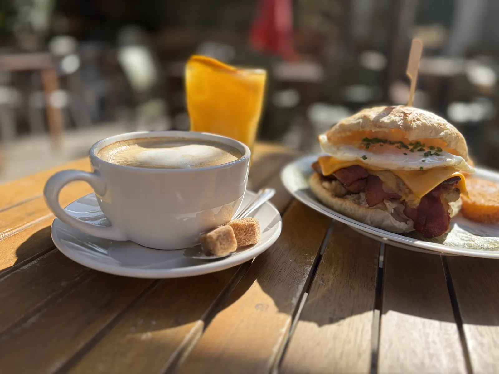 Brunch at The Pullman, Folkestone: a cappuccino, orange juice and a breakfast burger in the garden